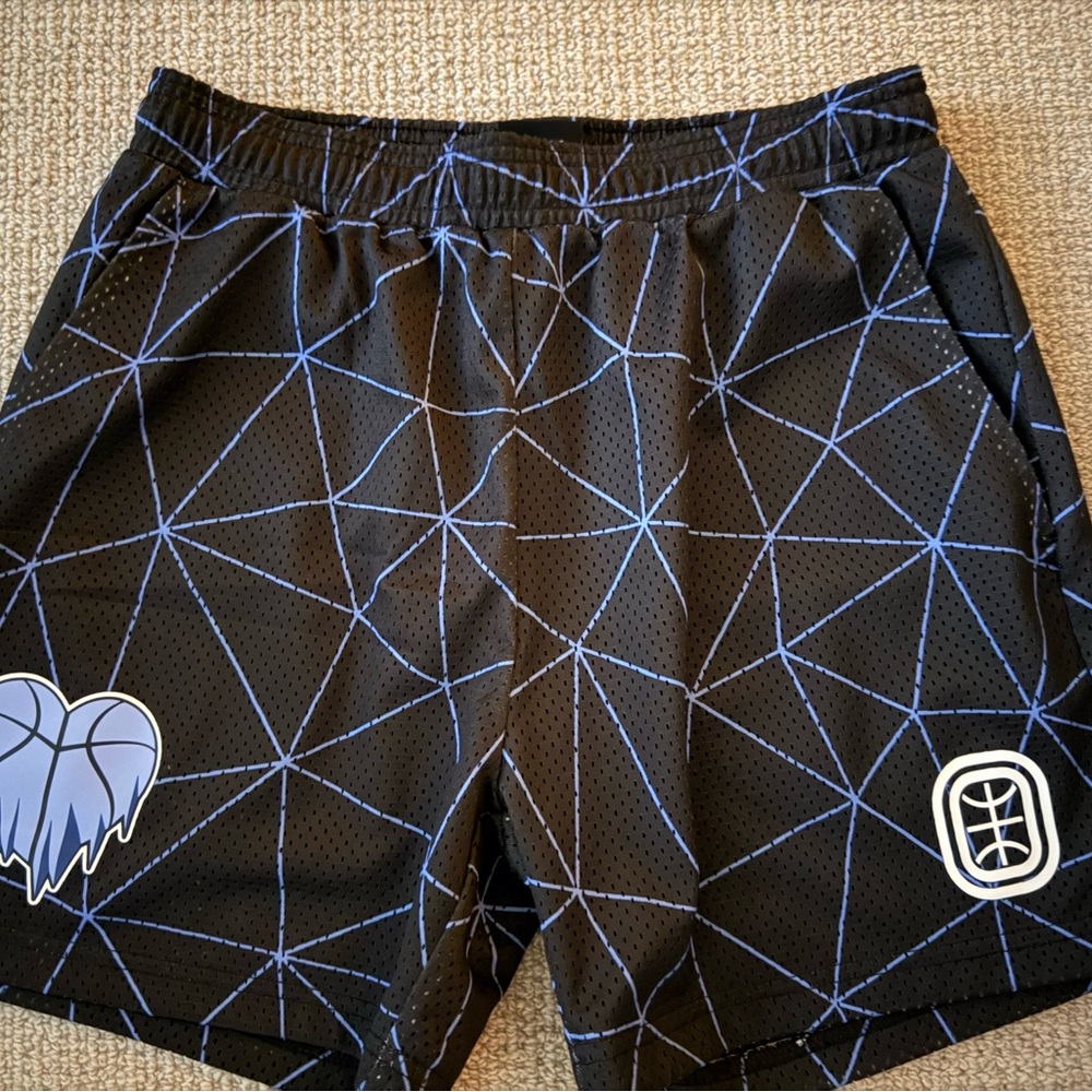 Overtime Men's Black Athletic Mesh Shorts with Blue Geometric Design